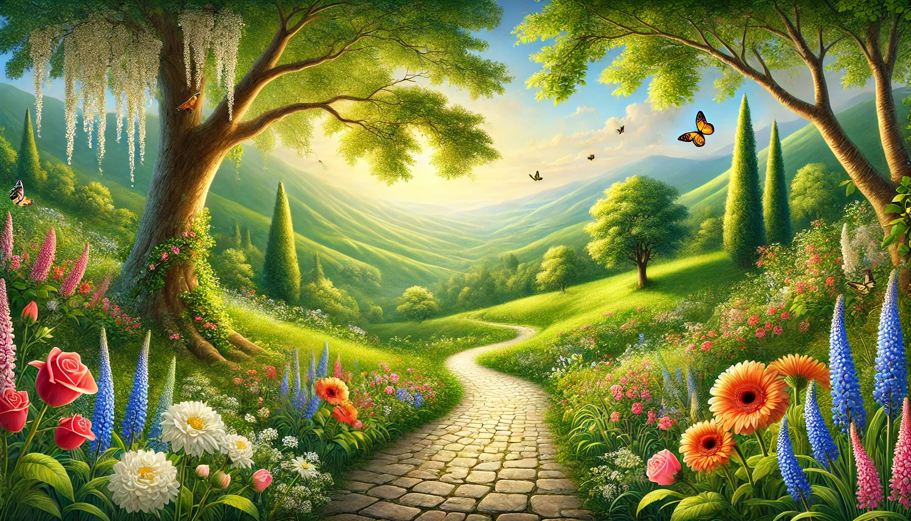 dalle-2024-07-24-092829-a-picturesque-scene-titled-the-path-to-beauty-featuring-a-winding-path-leading-through-a-lush-vibrant-landscape-the-path-is-lined-with-blooming-f-1721789002.webp